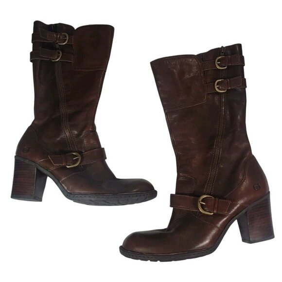 Born Tall Leather Boots Chocolate Brown Buckle Block Heel - 12 Equestrian Riding - Picture 1 of 8